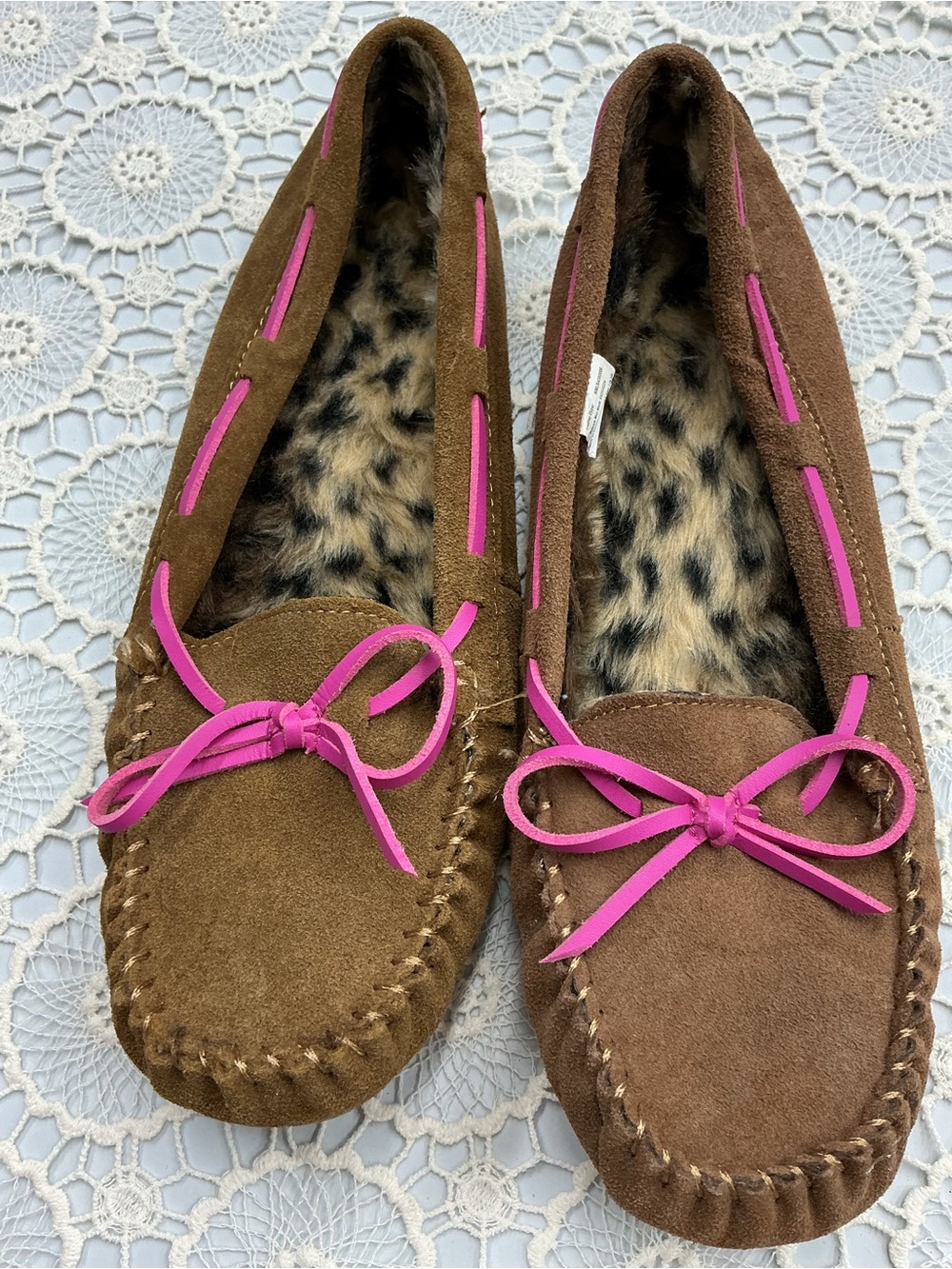 Brown Suede Moccasin Slippers with Pink Laces